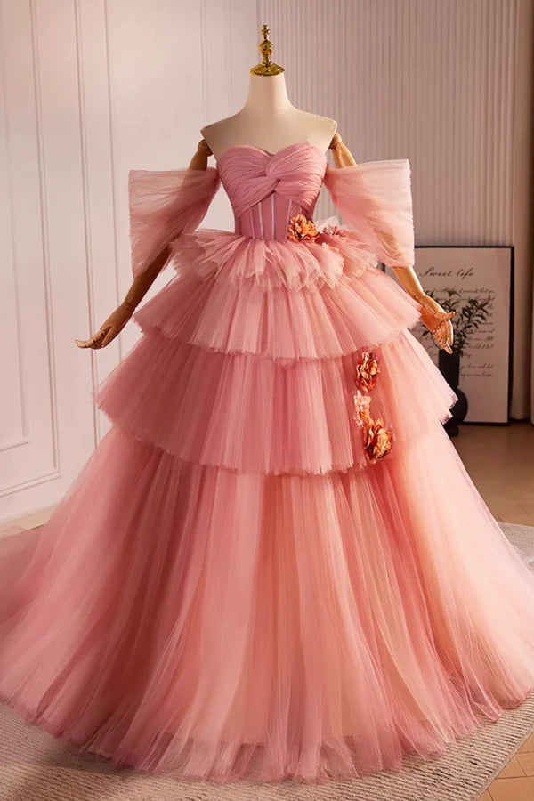 Wholesale Pink Off the Shoulder Long A-Line Ball Gown Beautiful Tulle Layers Sweet 16 Dress